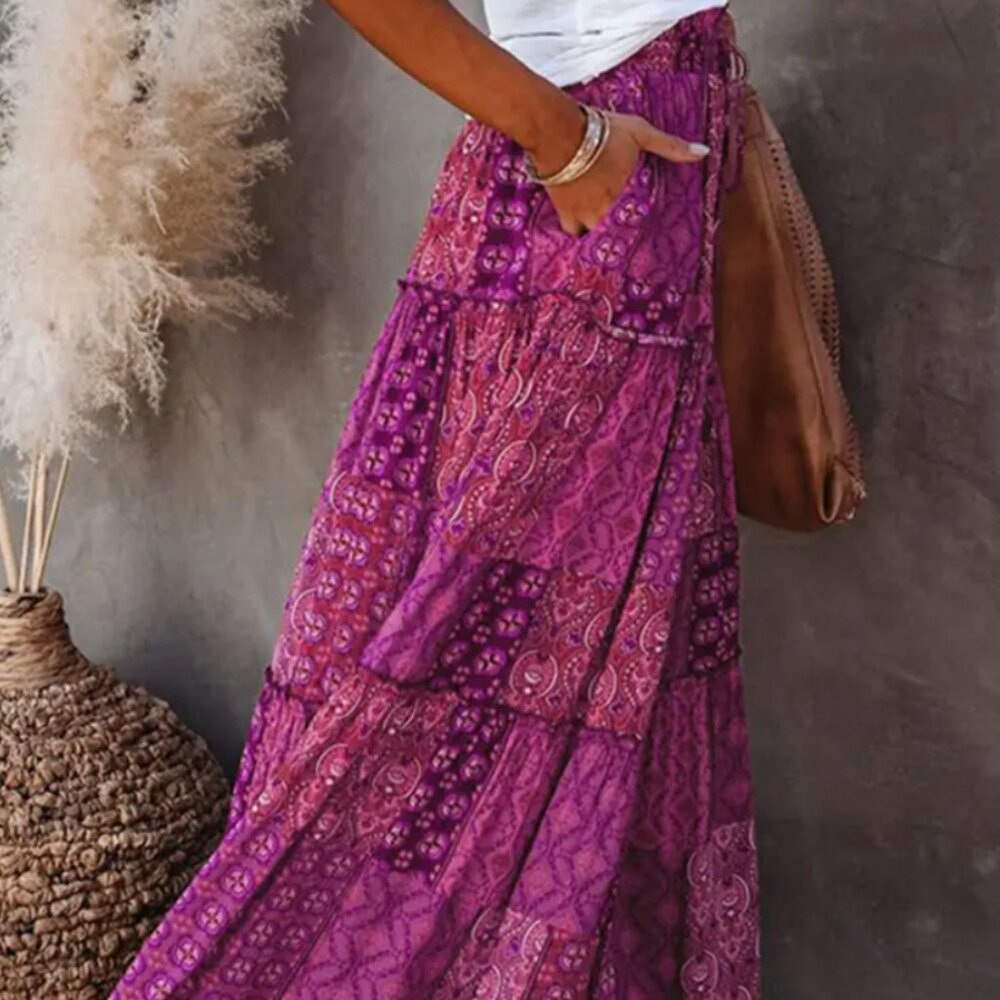 Boho Patchwork Maxi Skirt with Pockets – Red & Purple Vibes | XL